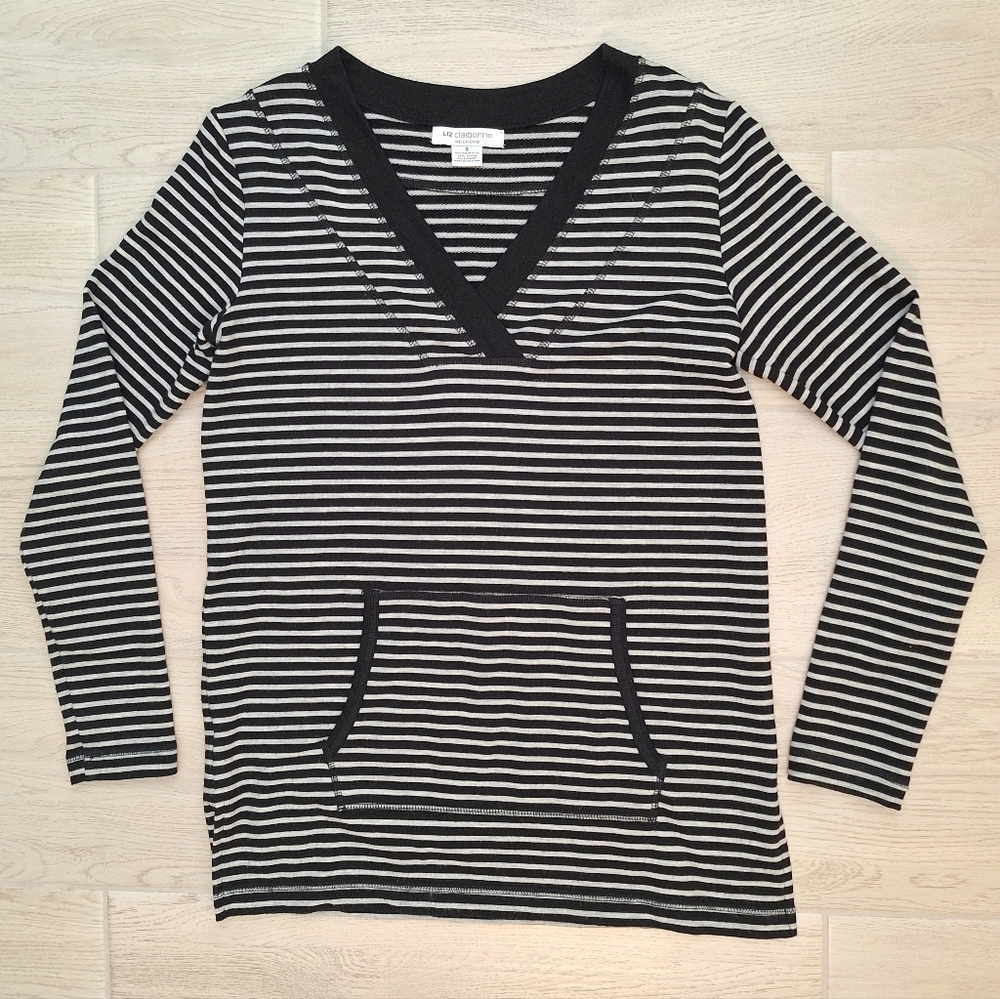 Liz Claiborne Women's Black White Striped Knit V Neck Shirt Front Pocket Small